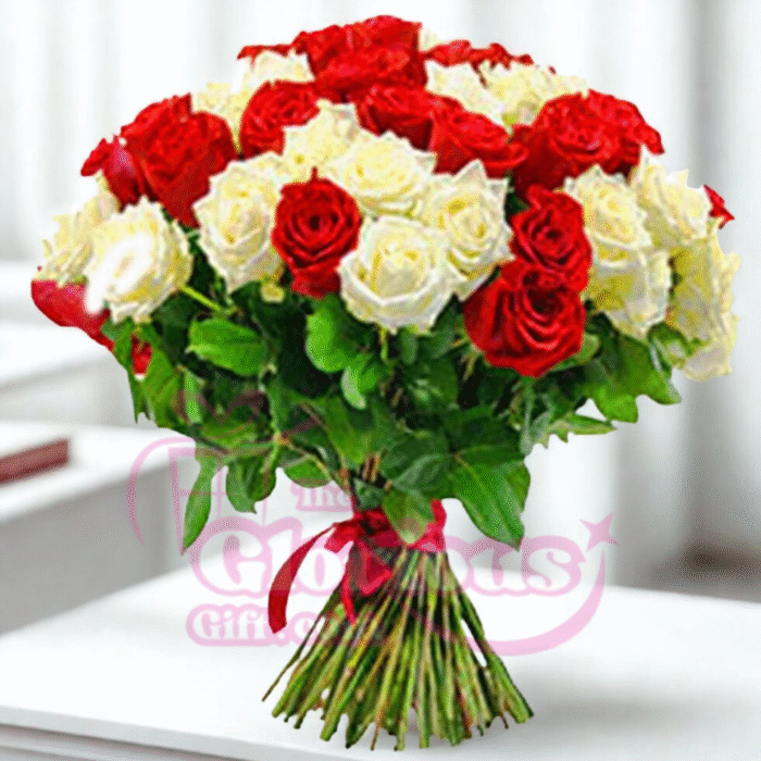 White & Red Roses Bunch - Image 1