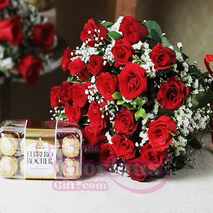Ferrero Rocher Box With Red Roses Bouquet - Image 1