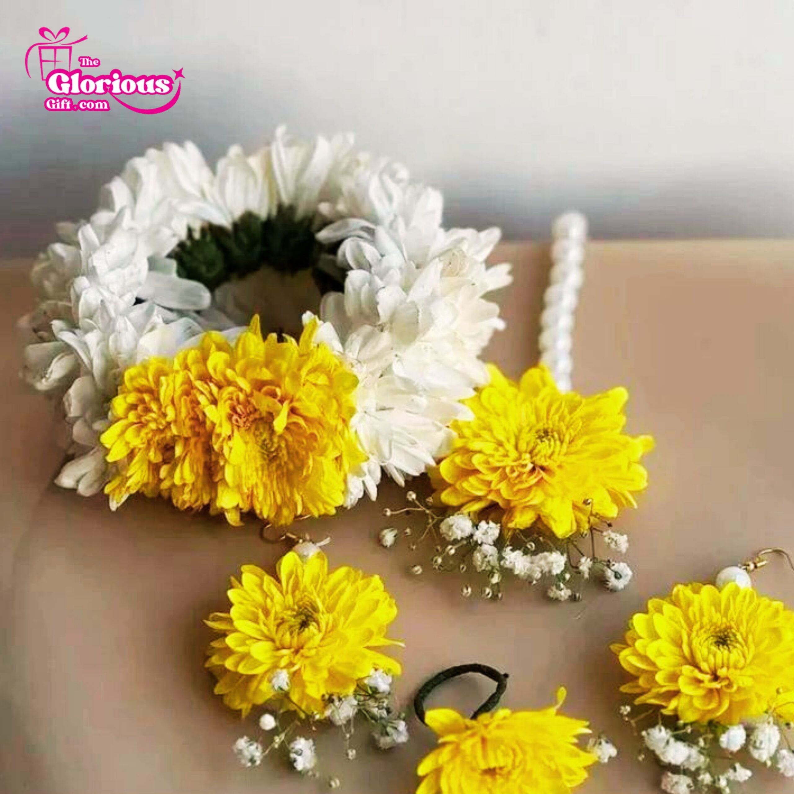 55 Yellow & White Imported Flowers Jewelry Set - Image 1