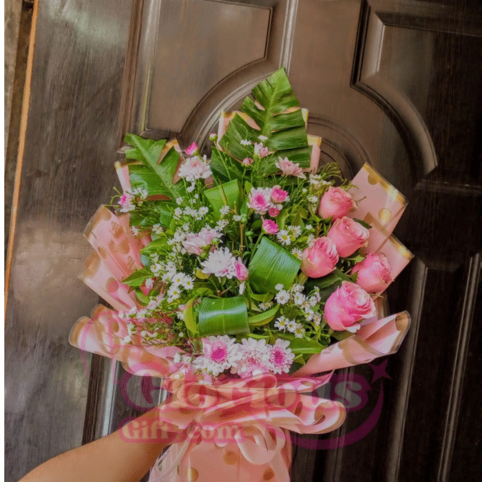 Pink Roses & Pink Crayiz Bouquet - Image 1