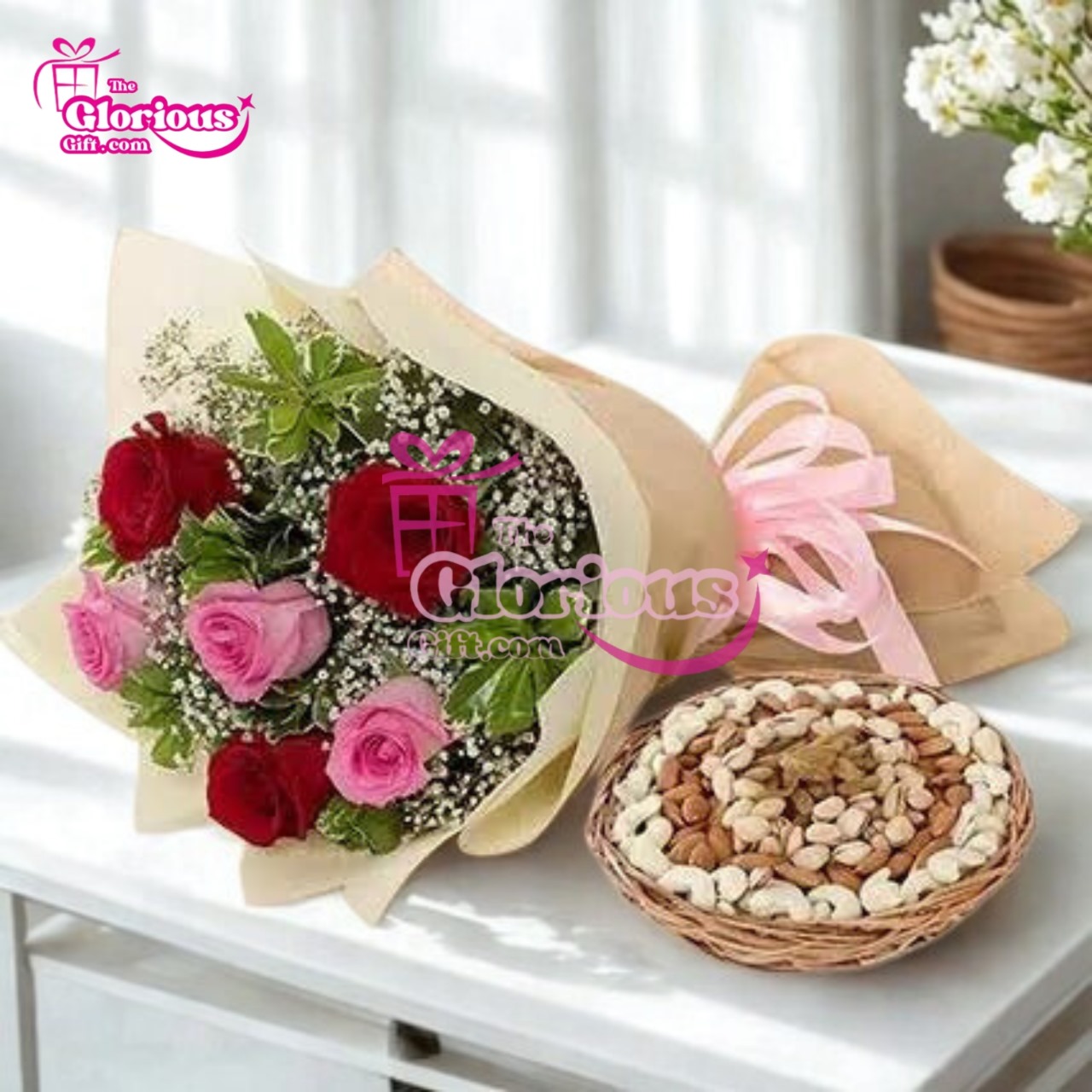 IMG-20251019-WA0005 Imported Rose Bouquet with DryFruit Basket - Image 1