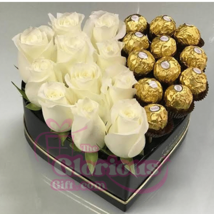 Imported White Roses & Rocher Love Box - Image 1