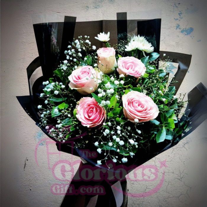 6 Imported Pink Roses With Fancy Packing - Image 1